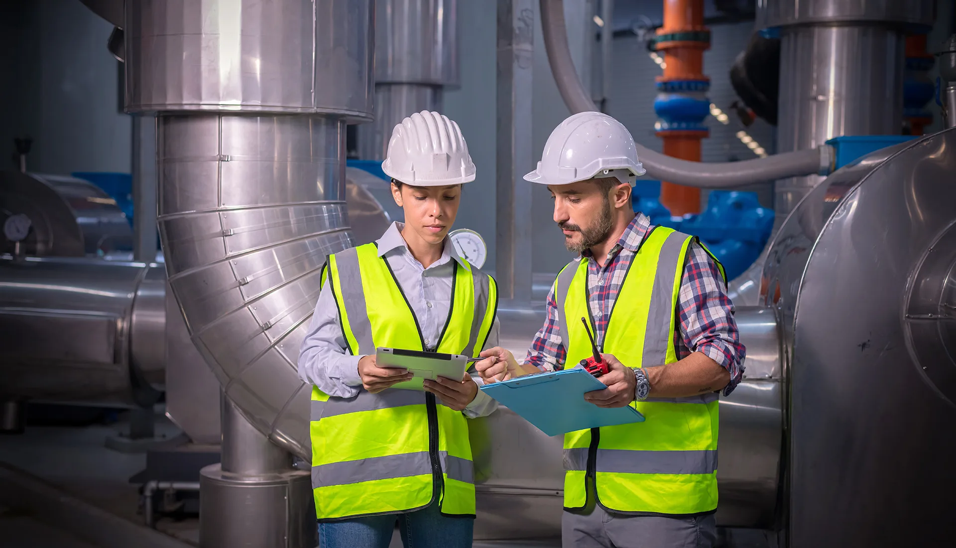 En kvinna och en man, i skyddsväst och hjälm som pratar med varandra och som tittar på ett dokument som kvinnan håller i.